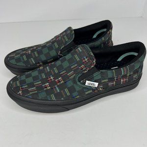 VANS Comfycush Black/Green Checkered Print Slip-On Shoe Loafer Women's Size 7.5